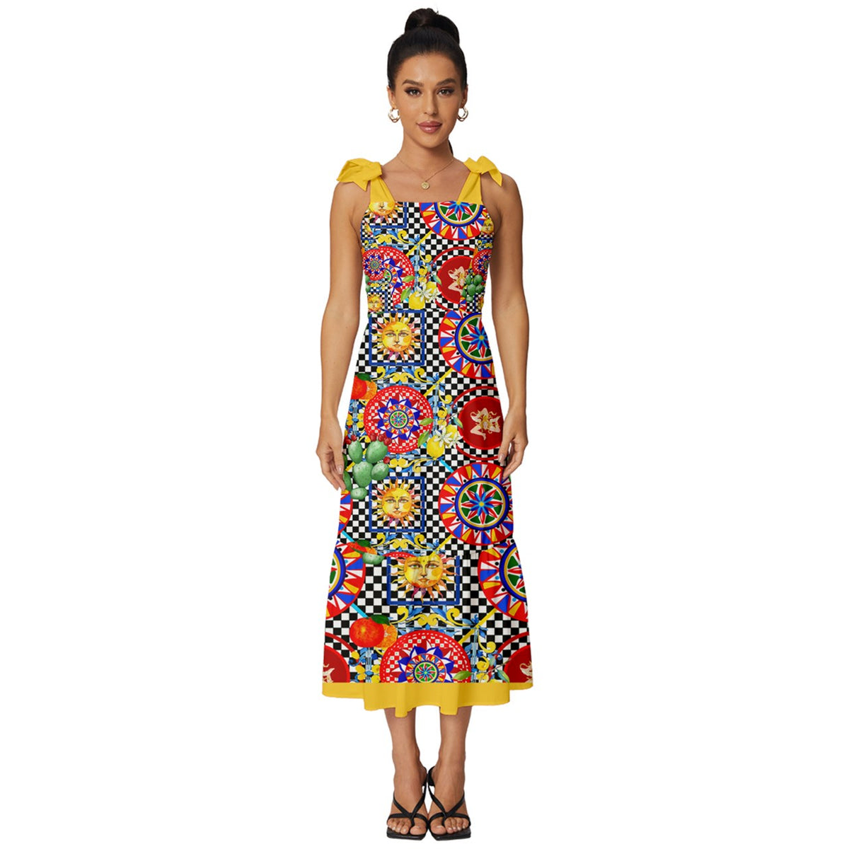 Traditional Sicilian carretto,inspired, summer,lemon,Tie-Strap Tiered Midi Chiffon Dress