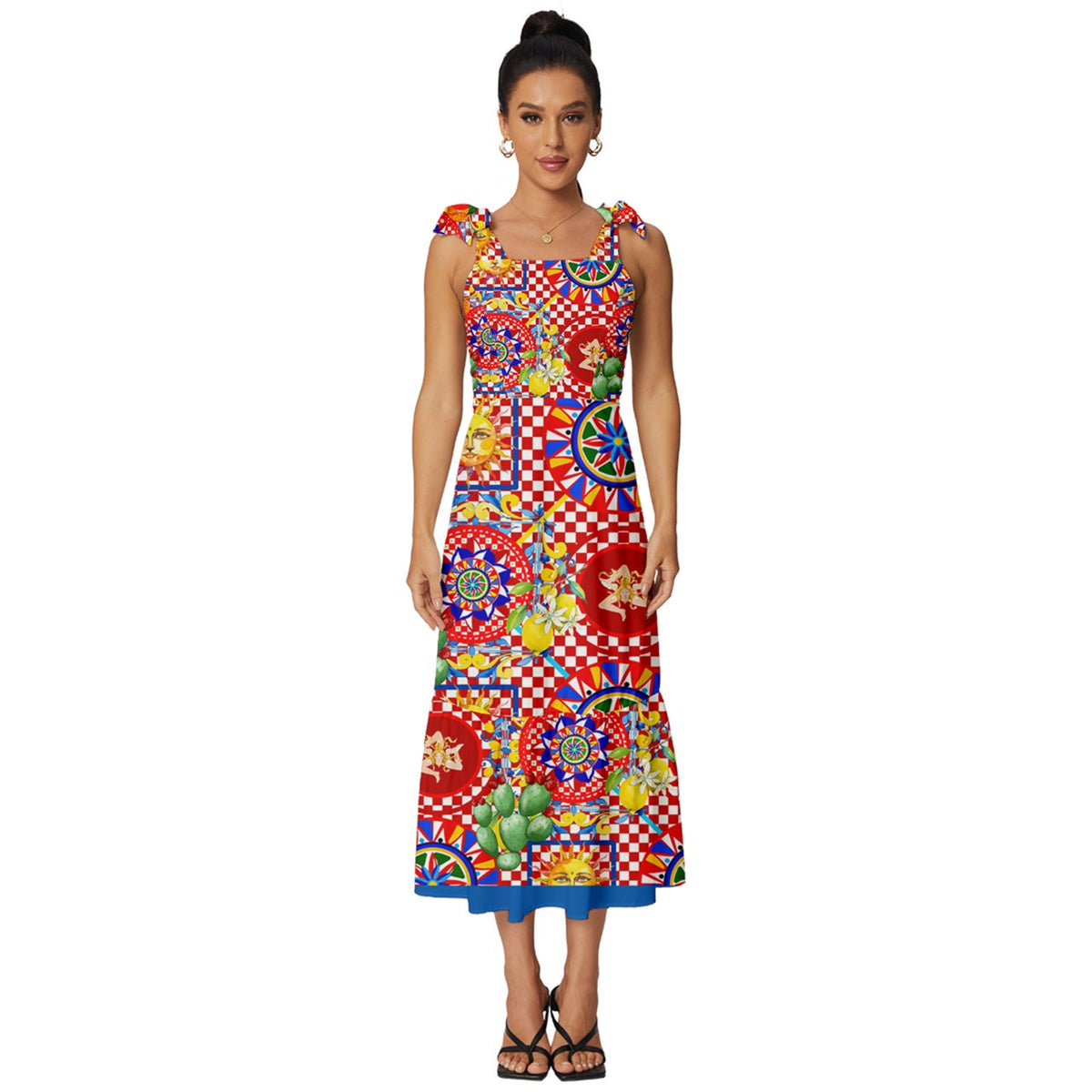 Traditional Sicilian carretto ,trinacria,inspired ,lemon, mosaic Tie-Strap Tiered Midi Chiffon Dress