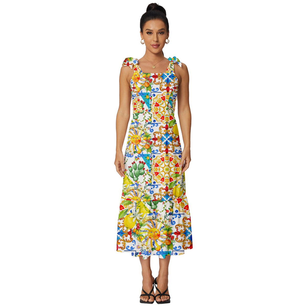 Summer,sun,lemon,cactus Tie-Strap Tiered Midi Chiffon Dress