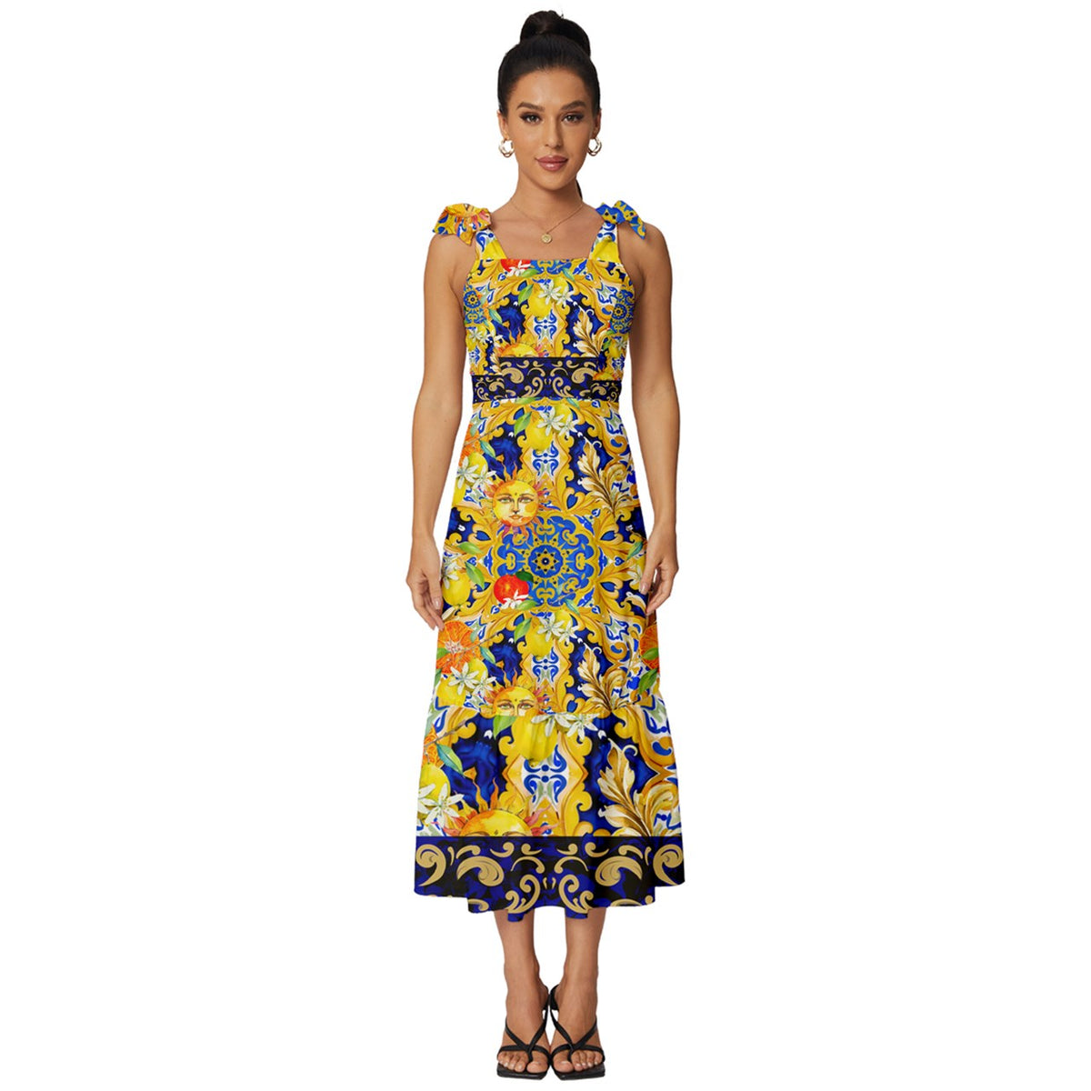 Sicilian sun,majolica,lemon fruit,Tie-Strap Tiered Midi Chiffon Dress