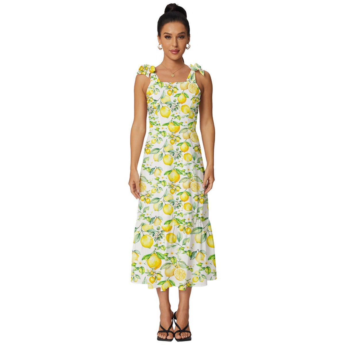 Amalfi lemon Tie-Strap Tiered Midi Chiffon Dress