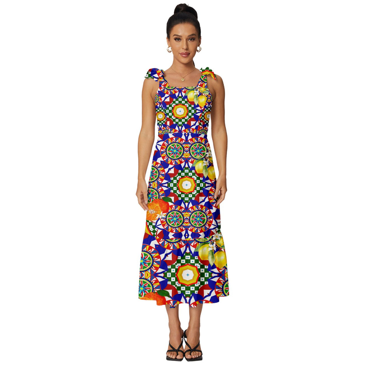 Sicilian carretto,lemon, mosaic Tie-Strap Tiered Midi Chiffon Dress