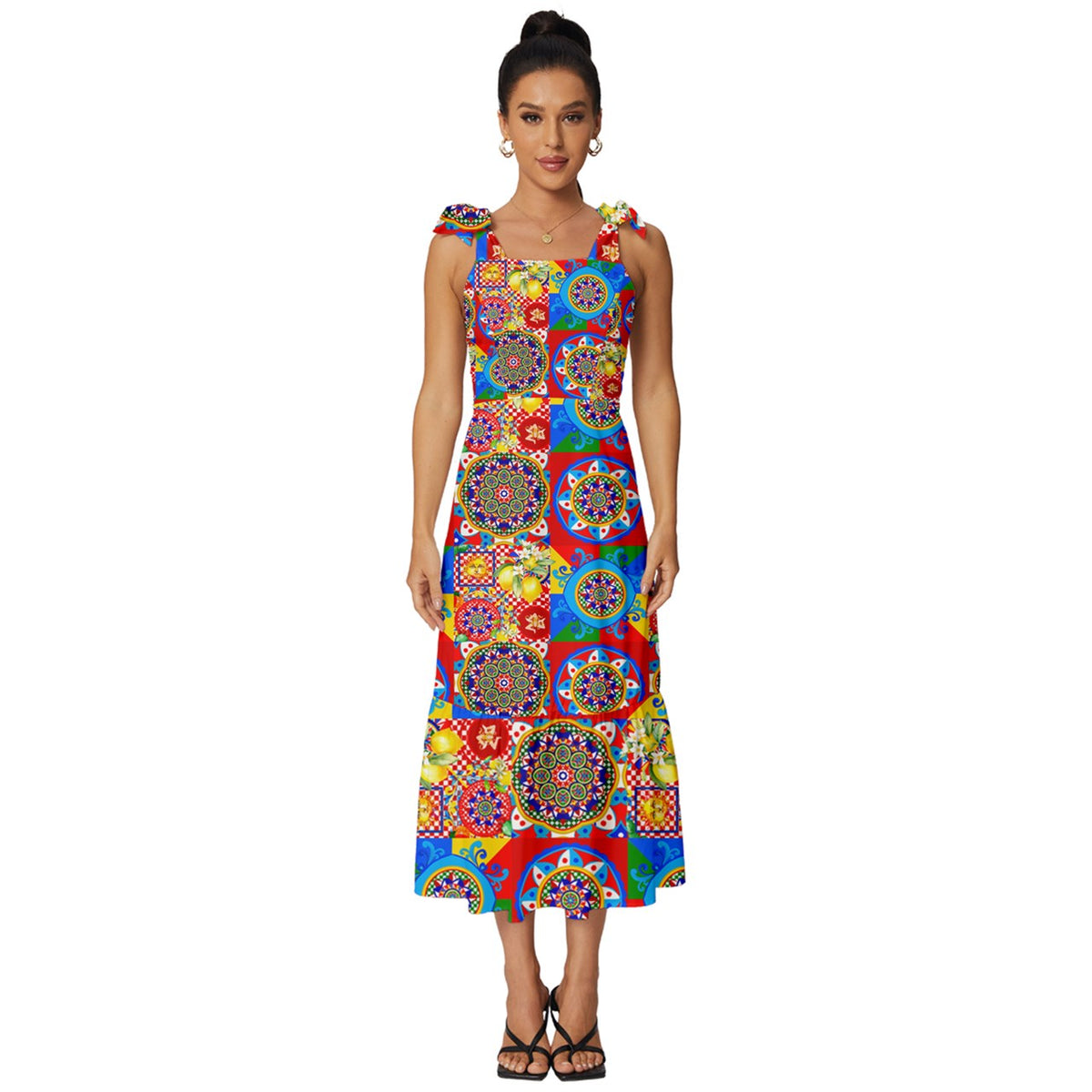 Mosaic,lemon,Sicilian carretto,Tie-Strap Tiered Midi Chiffon Dress