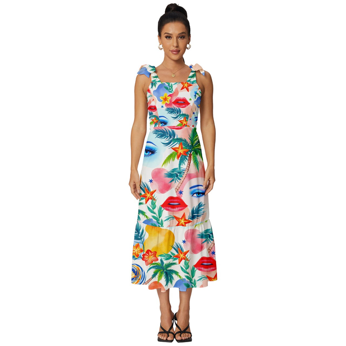 Tropical ,holiday,Tie-Strap Tiered Midi Chiffon Dress