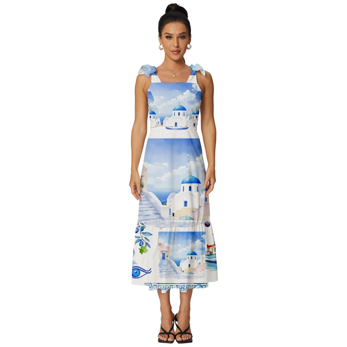 Blue and white ,summer,Mediterranean,Tie-Strap Tiered Midi Chiffon Dress