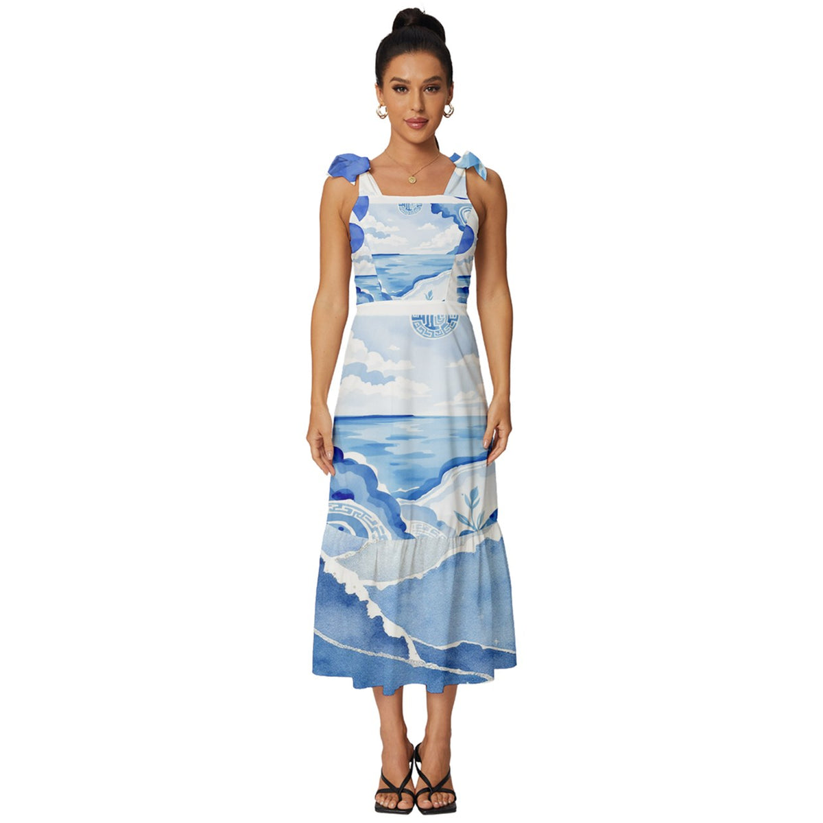 Blue and white,Mediterranean,holiday,Tie-Strap Tiered Midi Chiffon Dress