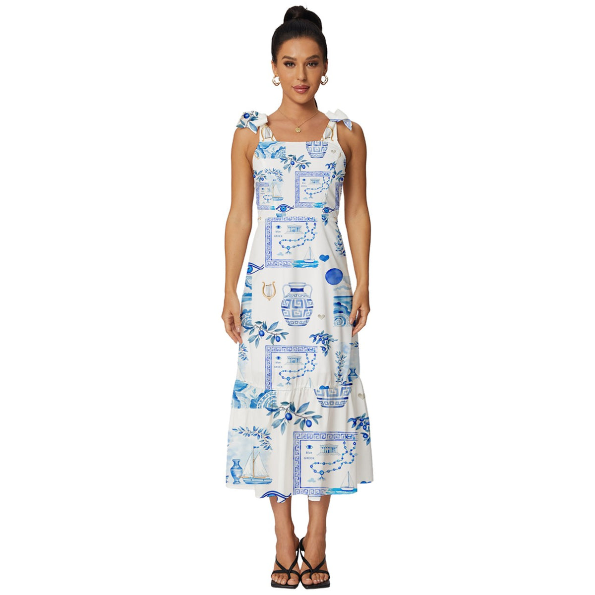 Blue and white,summer,Greece,Santorini,Tie-Strap Tiered Midi Chiffon Dress