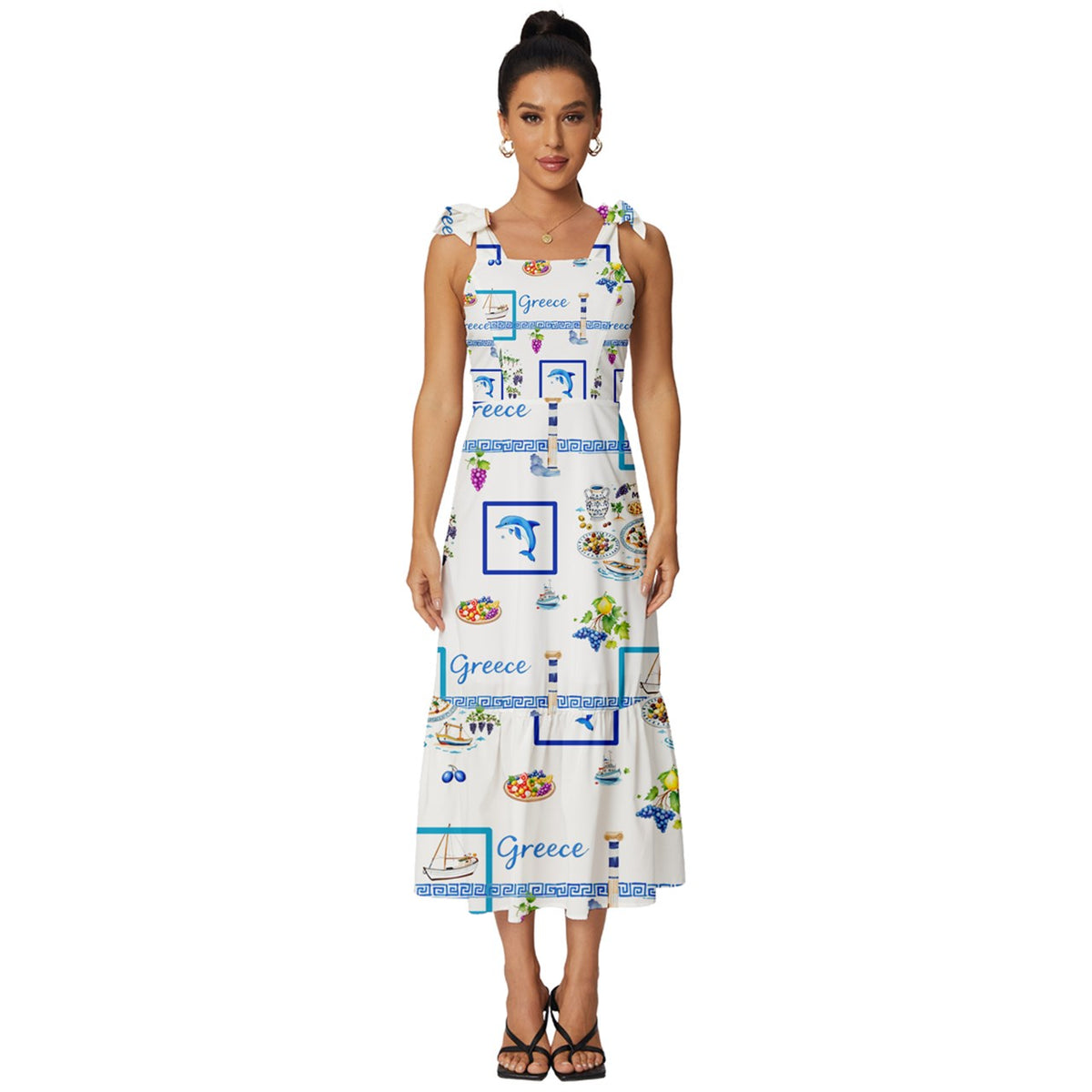 Summer, Mediterranean,blue,Tie-Strap Tiered Midi Chiffon Dress