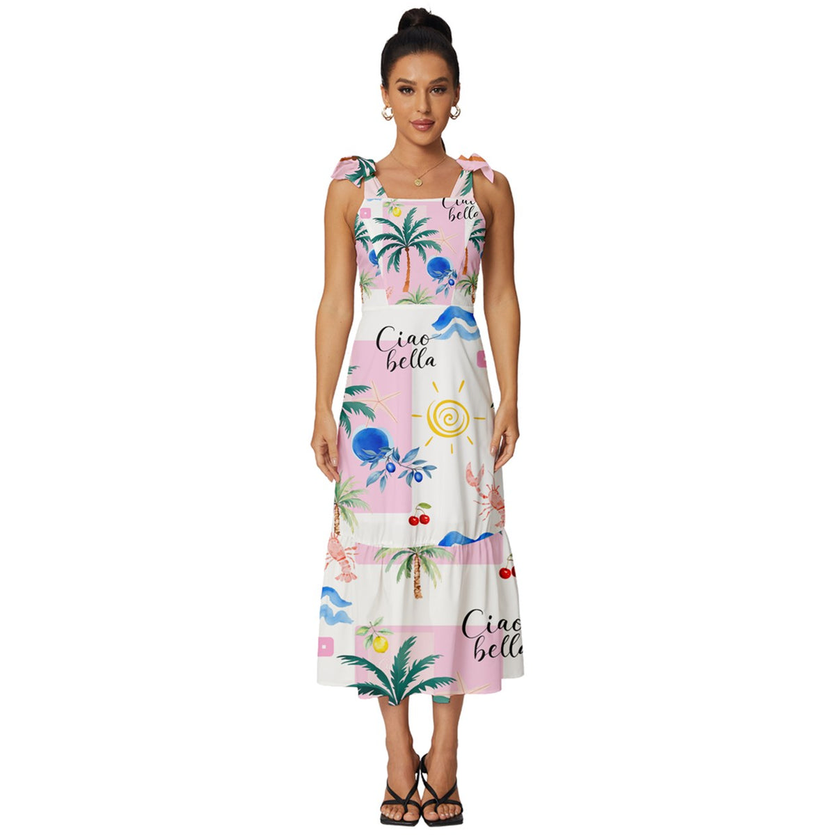 Summer, tropical,pink, holiday,Tie-Strap Tiered Midi Chiffon Dress