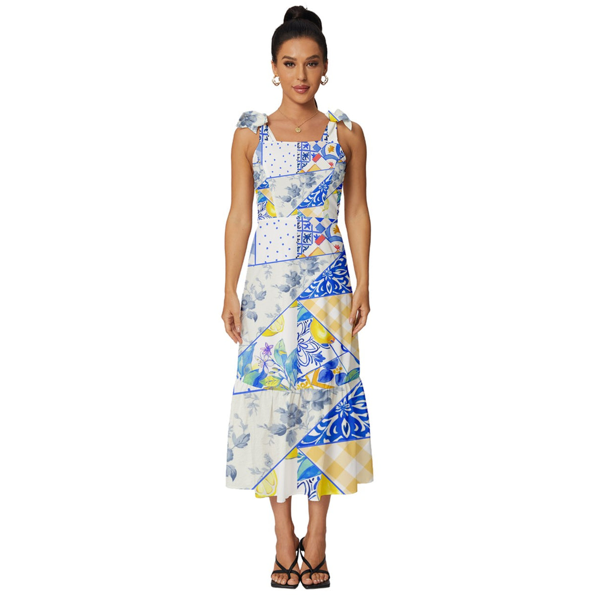 Patchwork,lemon, gingham,summer,Tie-Strap Tiered Midi Chiffon Dress