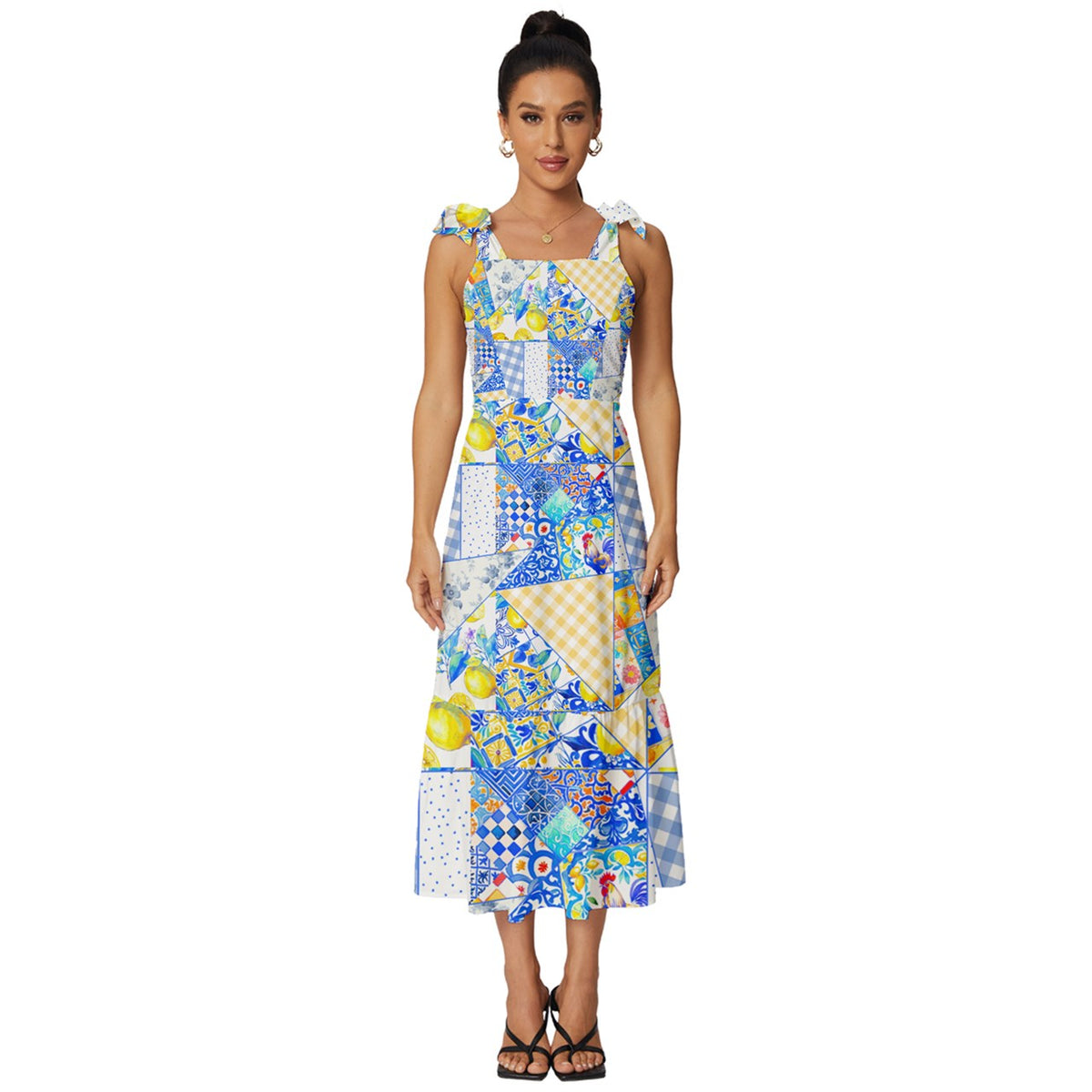 Summer,lemon,colorful,gingham,mosaic Tie-Strap Tiered Midi Chiffon Dress