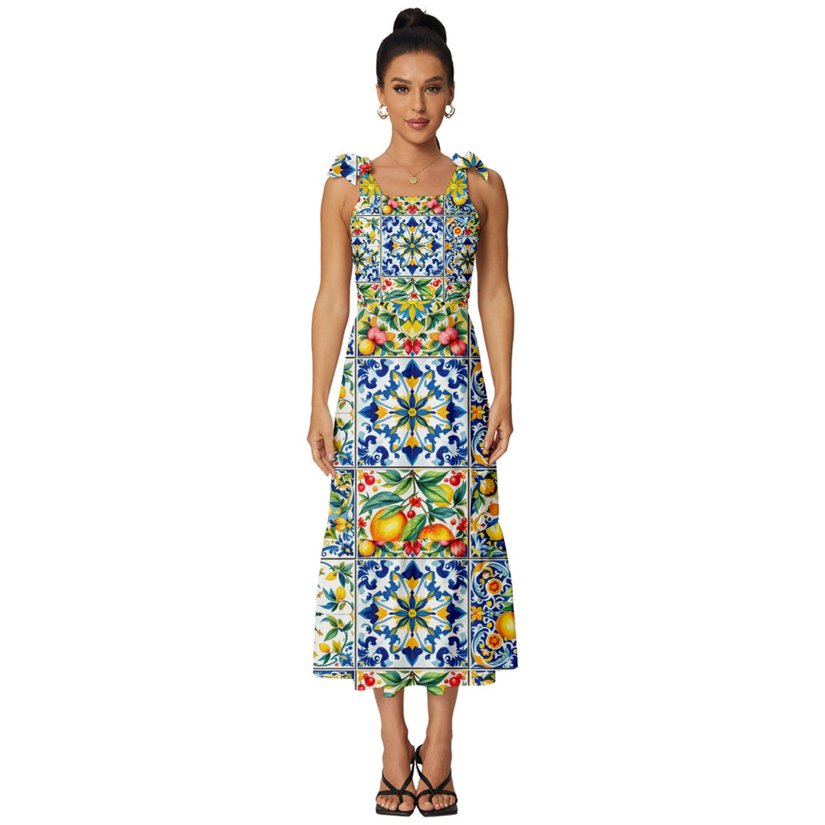 Majolica,summer,Mediterranean ,lemon Tie-Strap Tiered Midi Chiffon Dress