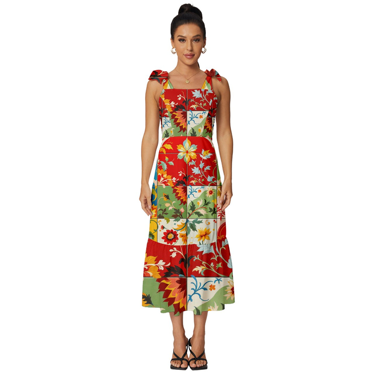 Red and green ,colorful,summer, boho Tie-Strap Tiered Midi Chiffon Dress