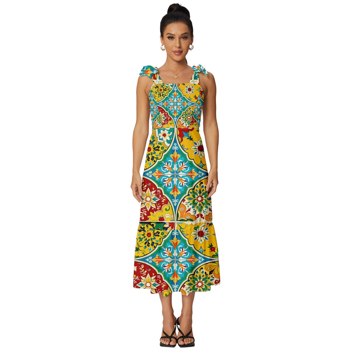 Yellow and blue boho,Tie-Strap Tiered Midi Chiffon Dress