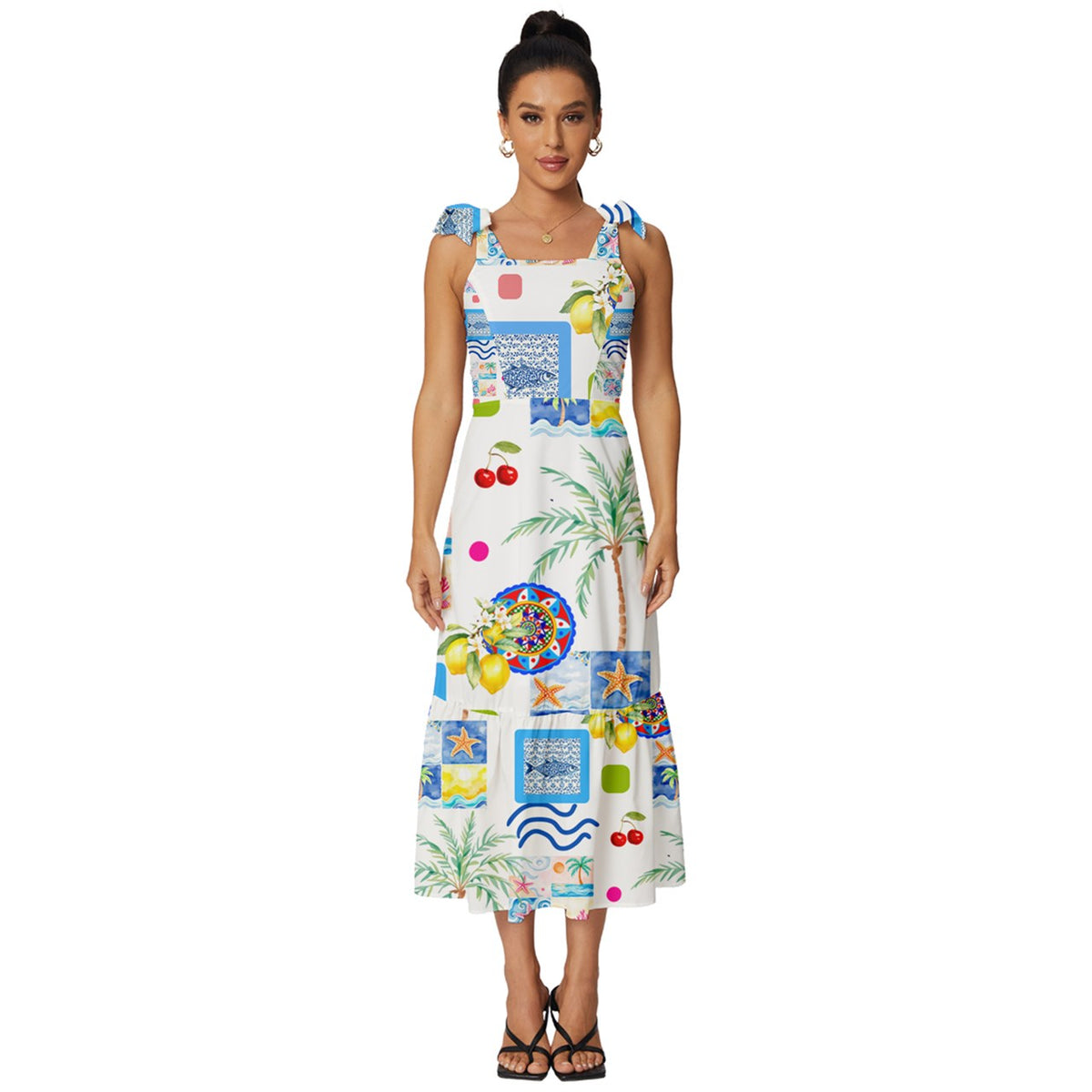 Summer, holiday,lemon, white and blue,Tie-Strap Tiered Midi Chiffon Dress