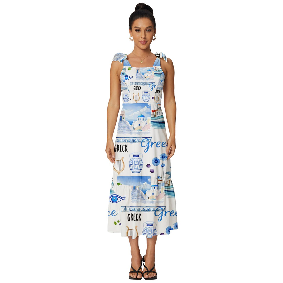 Blue and white,holiday,Santorini,Greece,Tie-Strap Tiered Midi Chiffon Dress