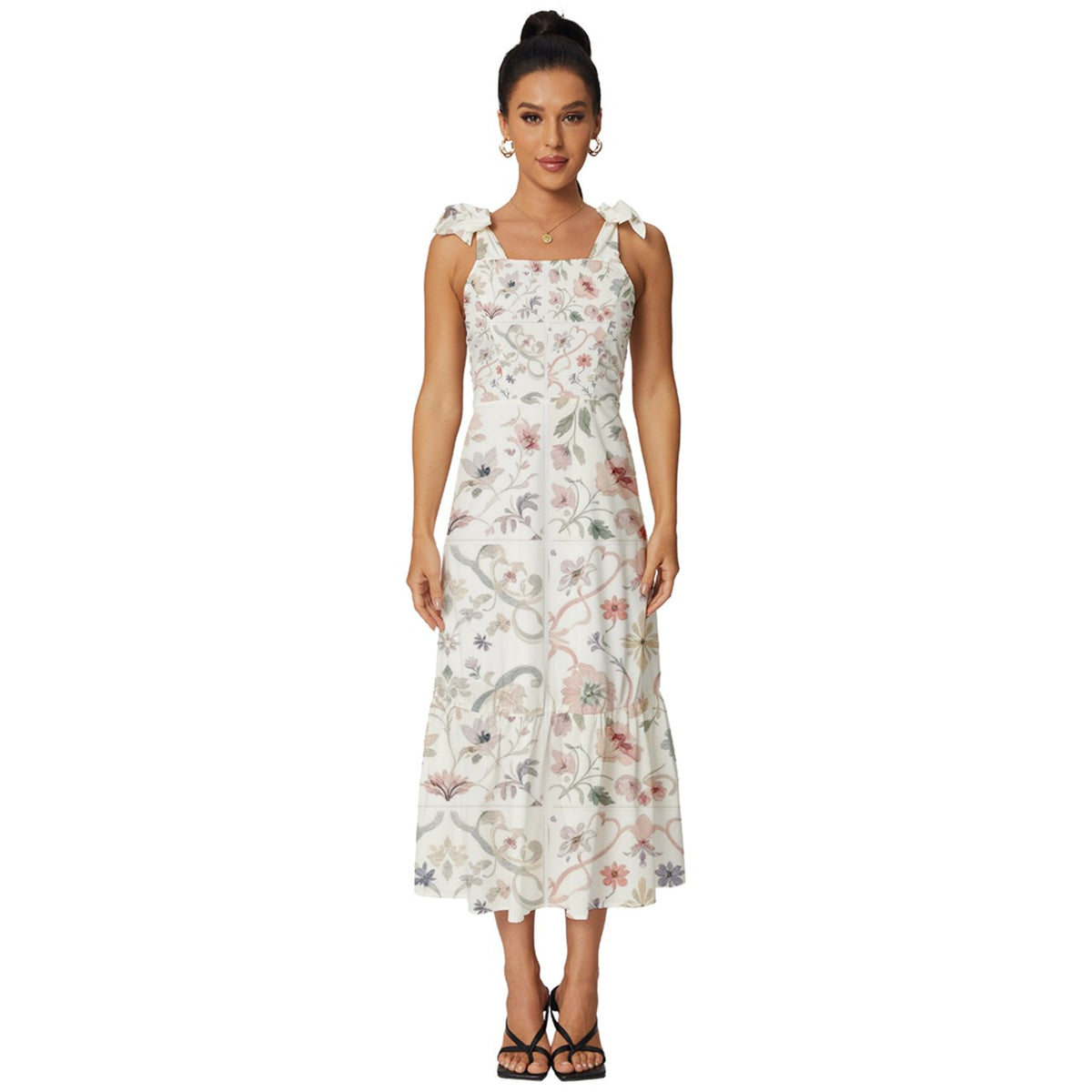 Elegant,floral,cottage style mosaic Tie-Strap Tiered Midi Chiffon Dress