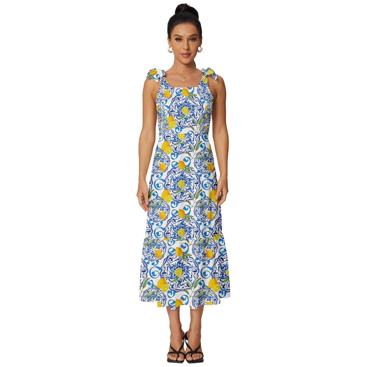 Amalfi,Positano inspired,lemon,blue,Tie-Strap Tiered Midi Chiffon Dress