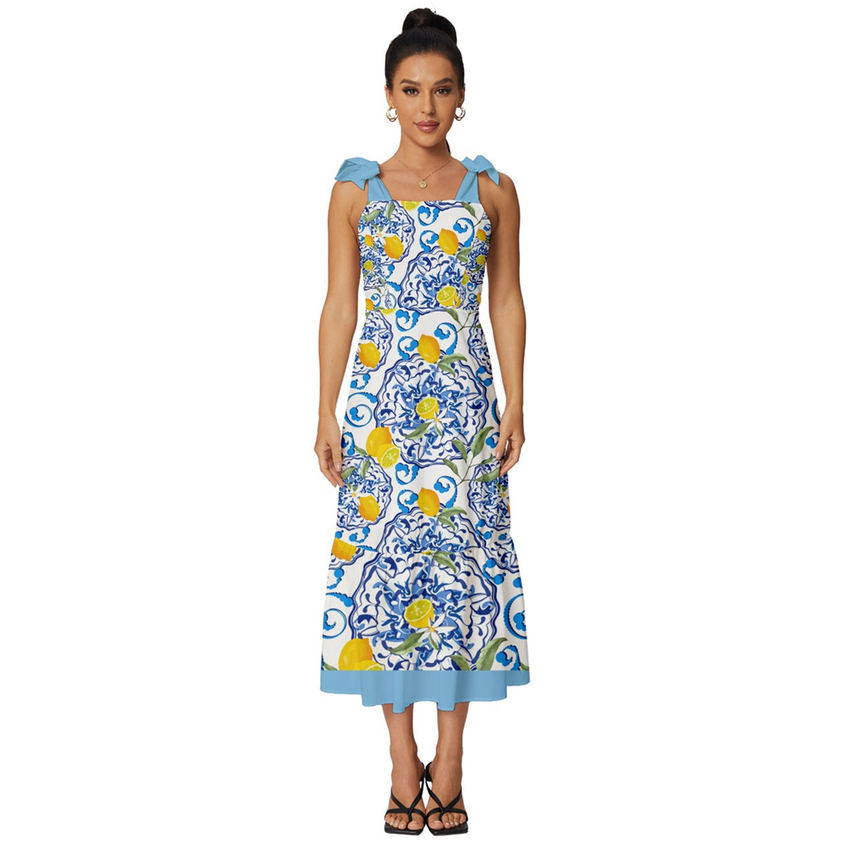 Amalfi inspired,summer,lemon Tie-Strap Tiered Midi Chiffon Dress