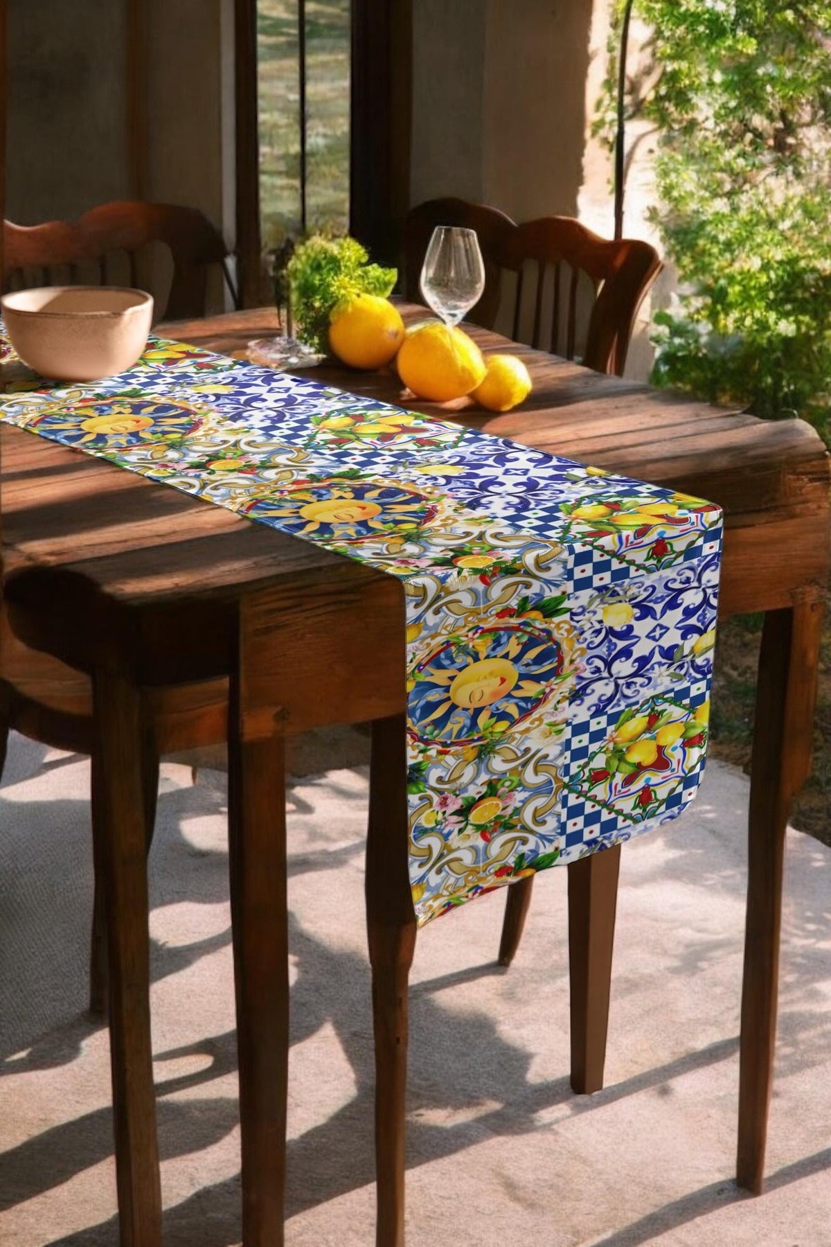 Sicilian sun,lemon,tiles Thickiy Ronior Table Runner  16"x 72"