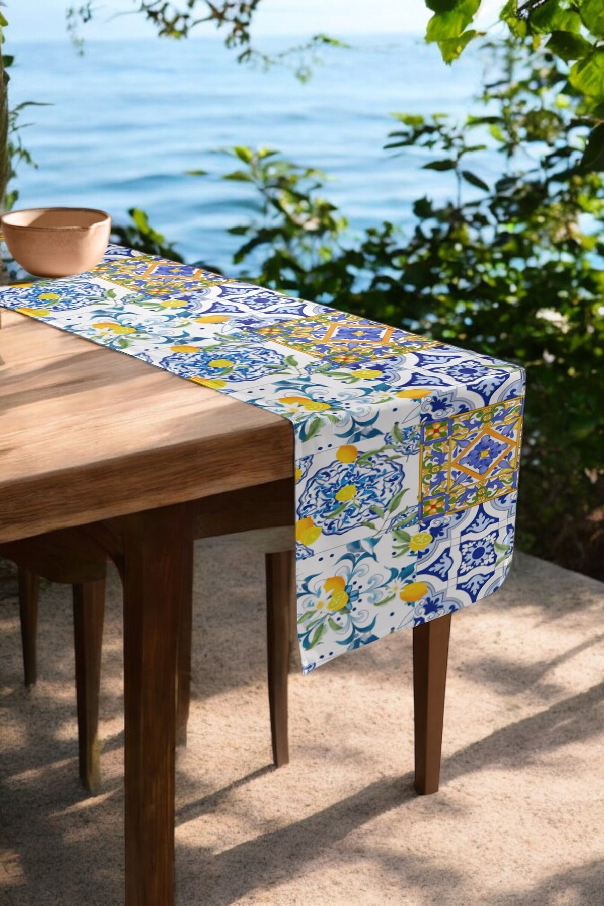 Mediterranean tiles,lemon,citrus Thickiy Ronior Table Runner  16"x 72"