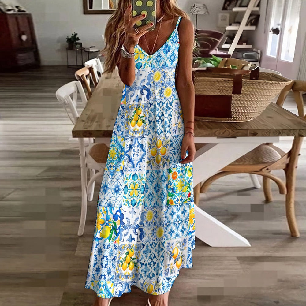 Summer,lemon,Italian tiles,Sling Ankle Long Dress