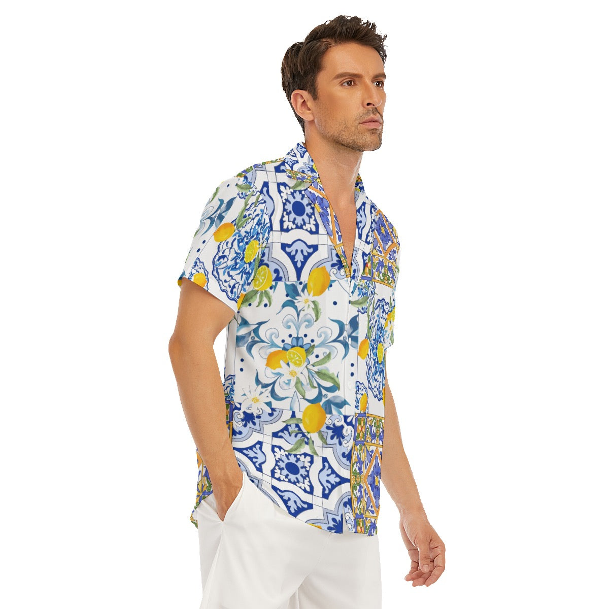 Sicilian tiles,lemon,majolica,mediterranean All-Over Print Men's Deep  V-neck Short Sleeve T-shirt – Citrus summer vibes